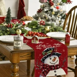 Christmas Snowman Merry Table Runner, Seasonal Winter Holiday Kitchen Dining Table Decoration for Indoor Outdoor Home Party Decor Decoration