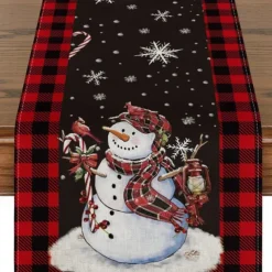 Christmas Snowman Merry Table Runner, Seasonal Winter Holiday Kitchen Dining Table Decoration for Indoor Outdoor Home Party Decor Decoration