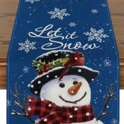 Christmas Snowman Merry Table Runner, Seasonal Winter Holiday Kitchen Dining Table Decoration for Indoor Outdoor Home Party Decor Decoration
