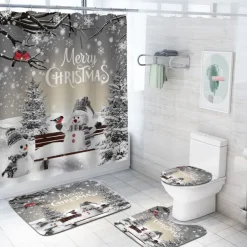 Christmas Snowman Shower Curtain, Waterproof Curtain Set With 12 Hooks, Xmas Bathroom Accessories, Christmas Decor
