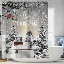 Christmas Snowman Shower Curtain, Waterproof Curtain Set With 12 Hooks, Xmas Bathroom Accessories, Christmas Decor