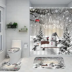 Christmas Snowman Shower Curtain, Waterproof Curtain Set With 12 Hooks, Xmas Bathroom Accessories, Christmas Decor