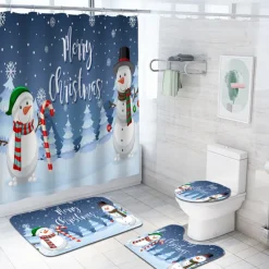 Christmas Snowman Shower Curtain, Waterproof Curtain Set With 12 Hooks, Xmas Bathroom Accessories, Christmas Decor