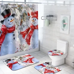 Christmas Snowman Shower Curtain, Waterproof Curtain Set With 12 Hooks, Xmas Bathroom Accessories, Christmas Decor