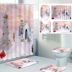 Christmas Snowy Pattern Printing Bathroom Shower Curtain Leisure Toilet Four-Piece Design