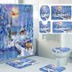 Christmas Snowy Pattern Printing Bathroom Shower Curtain Leisure Toilet Four-Piece Design