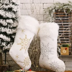 Christmas Stockings Snowflake White Christmas Stockings with Faux Fur Large Christmas Stockings Christmas Ornaments for Christmas Tree Decorations