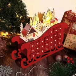 Christmas Wooden Advent Calendar Christmas Sleigh Countdown Calendar with 24 Drawers Wooden Advent Calendar Xmas Countdown Advent Calendar for Adults Kids Christmas Countdown Decoration Supplies