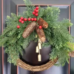 Christmas Wreath Boho Wreath, 17.7'' Artificial Golden Bell Wreath, Xmas Tree Front Door Hanging Garland, Handmade Pine Ring Grapevine Wreath, Celebration Xmas Decor