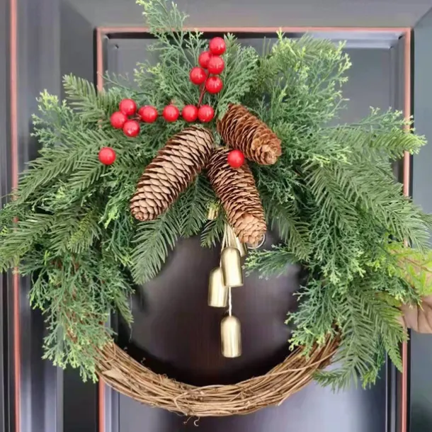 Christmas Wreath Boho Wreath, 17.7'' Artificial Golden Bell Wreath, Xmas Tree Front Door Hanging Garland, Handmade Pine Ring Grapevine Wreath, Celebration Xmas Decor