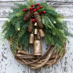 Christmas Wreath Boho Wreath, 17.7'' Artificial Golden Bell Wreath, Xmas Tree Front Door Hanging Garland, Handmade Pine Ring Grapevine Wreath, Celebration Xmas Decor