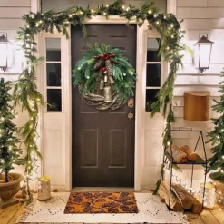 Christmas Wreath Boho Wreath, 17.7'' Artificial Golden Bell Wreath, Xmas Tree Front Door Hanging Garland, Handmade Pine Ring Grapevine Wreath, Celebration Xmas Decor