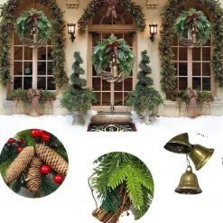 Christmas Wreath Boho Wreath, 17.7'' Artificial Golden Bell Wreath, Xmas Tree Front Door Hanging Garland, Handmade Pine Ring Grapevine Wreath, Celebration Xmas Decor