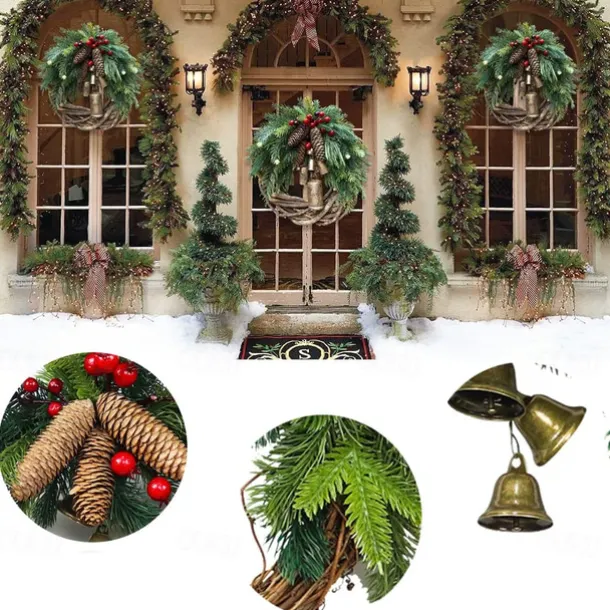 Christmas Wreath Boho Wreath, 17.7'' Artificial Golden Bell Wreath, Xmas Tree Front Door Hanging Garland, Handmade Pine Ring Grapevine Wreath, Celebration Xmas Decor
