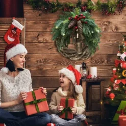 Christmas Wreath Boho Wreath, 17.7'' Artificial Golden Bell Wreath, Xmas Tree Front Door Hanging Garland, Handmade Pine Ring Grapevine Wreath, Celebration Xmas Decor