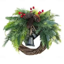 Christmas Wreath Boho Wreath, 17.7'' Artificial Golden Bell Wreath, Xmas Tree Front Door Hanging Garland, Handmade Pine Ring Grapevine Wreath, Celebration Xmas Decor