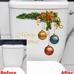 Christmas Wreath Christmas Ball Pattern Sticker, Toilet Lid Decorative Sticker, Toilet Lid Decal, Toilet Cover Sticker, Restroom Renovation Removable Stickers