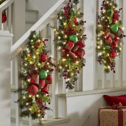 Christmas Wreath Outdoor for Front Door Winter Wreath Window Wall Decoration with Lights,Christmas Artificial Pine Lighted Wreath with Cones Needles, Berries and Bow