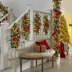 Christmas Wreath Outdoor for Front Door Winter Wreath Window Wall Decoration with Lights,Christmas Artificial Pine Lighted Wreath with Cones Needles, Berries and Bow