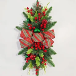 Christmas Wreath Outdoor for Front Door Winter Wreath Window Wall Decoration with Lights,Christmas Artificial Pine Lighted Wreath with Cones Needles, Berries and Bow