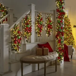 Christmas Wreath Outdoor for Front Door Winter Wreath Window Wall Decoration with Lights,Christmas Artificial Pine Lighted Wreath with Cones Needles, Berries and Bow