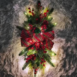 Christmas Wreath Outdoor for Front Door Winter Wreath Window Wall Decoration with Lights,Christmas Artificial Pine Lighted Wreath with Cones Needles, Berries and Bow