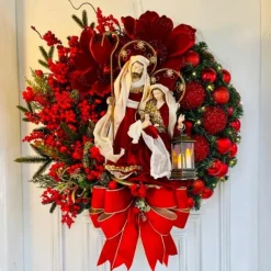Christmas Wreath Outdoor for Front Door with LED Lights Jesus Nativity Scene Winter Wreath Window Wall Decoration Artificial Braided Front Door Decor