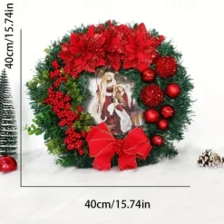Christmas Wreath Outdoor for Front Door with LED Lights Jesus Nativity Scene Winter Wreath Window Wall Decoration Artificial Braided Front Door Decor