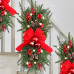 Christmas Wreaths Xmas Swags with Lights Cordless Prelit Stairway Stairway Staircase Window Wall Decoration Teardrop Trim Wreath Rattan Shopping Mall Hotel Outdoor
