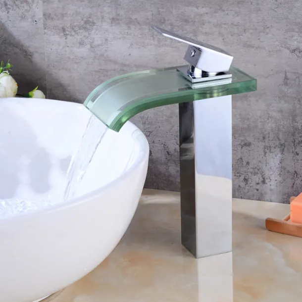 Chrome Waterfall Tap - Wash Basin Tap with Glass - Single-Handle Mixer Tap for Bathroom Sinks