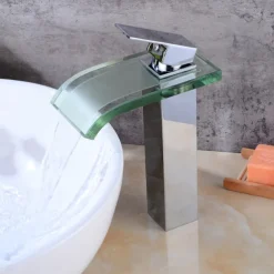Chrome Waterfall Tap - Wash Basin Tap with Glass - Single-Handle Mixer Tap for Bathroom Sinks