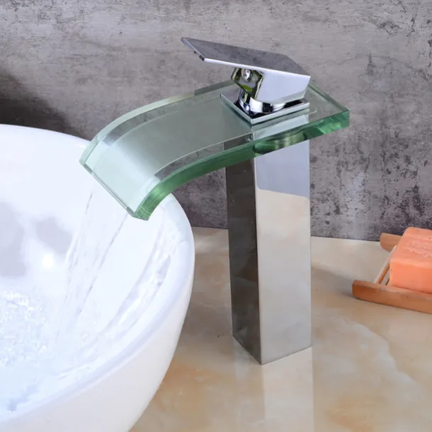 Chrome Waterfall Tap - Wash Basin Tap with Glass - Single-Handle Mixer Tap for Bathroom Sinks