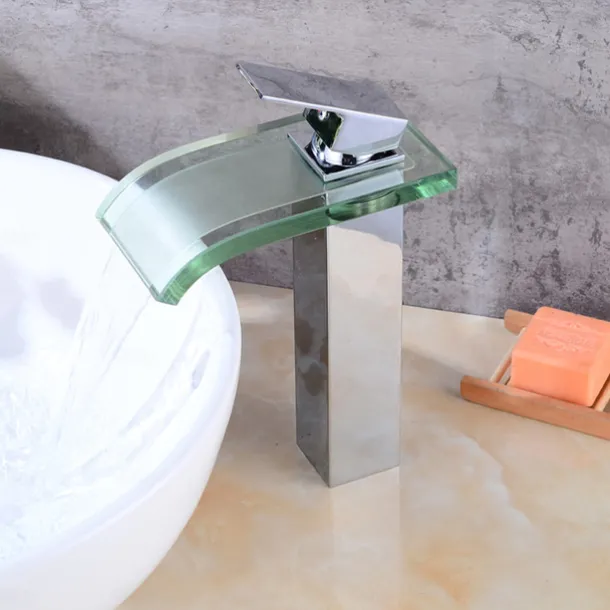Chrome Waterfall Tap - Wash Basin Tap with Glass - Single-Handle Mixer Tap for Bathroom Sinks