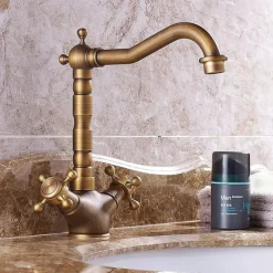 Classic Utility Sink Laundry Faucet, Centerset High Arc Two Handles One Hole Wash Basin Tap with Hot and Cold Water Hoses, Laundry Tub Pot Filler Commercial Faucet in Antique Brass with Ceramic Valve