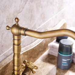 Classic Utility Sink Laundry Faucet, Centerset High Arc Two Handles One Hole Wash Basin Tap with Hot and Cold Water Hoses, Laundry Tub Pot Filler Commercial Faucet in Antique Brass with Ceramic Valve