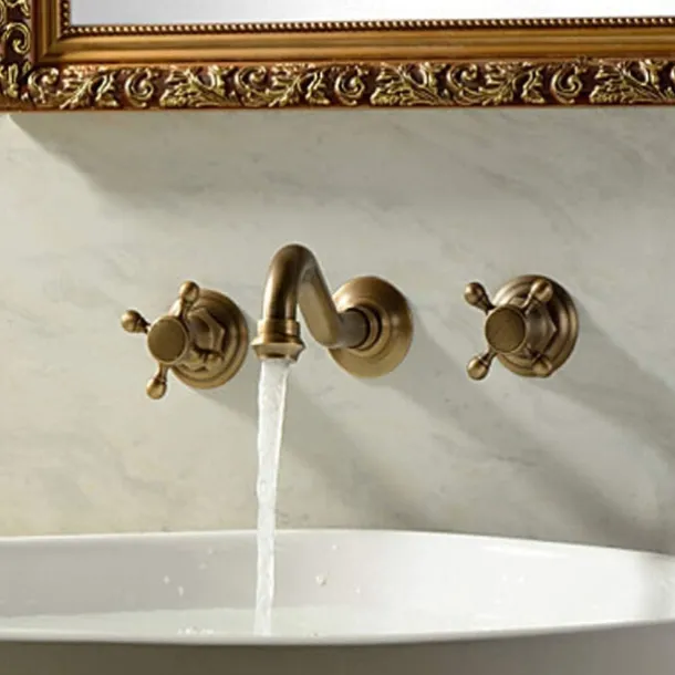 Classic Utility Sink Laundry Faucet, Wall Mount Two Handles Three Holes Wash Basin Tap with Hot and Cold Water Hoses, Laundry Tub Pot Filler Commercial Faucet in Oil Rubbed Bronze Antique Copper