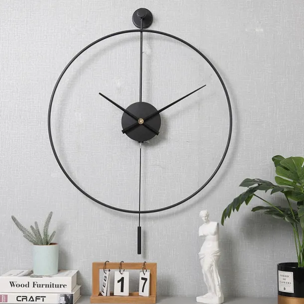 Classical Large Wall Clock with Pendulum Decorative Art Clocks Round Minimalist Modern Clock Non Ticking Silent Metal Wall Clock for Living Room Bedroom Study Office Decoration 50 60 cm