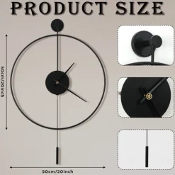 Classical Large Wall Clock with Pendulum Decorative Art Clocks Round Minimalist Modern Clock Non Ticking Silent Metal Wall Clock for Living Room Bedroom Study Office Decoration 50 60 cm