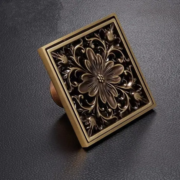 10cm Brass Bathroom Floor Drain, Art Carved Flower Pattern Square Shower Sink Drain Strainer Cover Grate Drain with Removable Cover for Hotel Home
