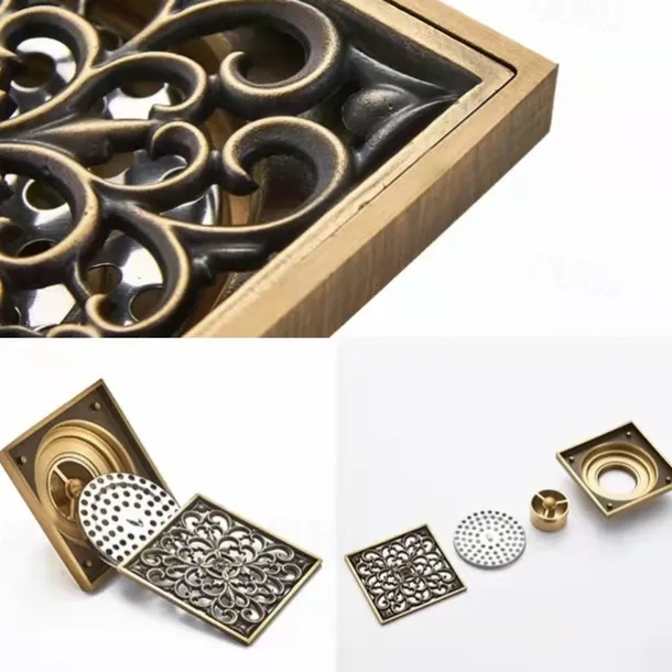 10cm Brass Bathroom Floor Drain, Art Carved Flower Pattern Square Shower Sink Drain Strainer Cover Grate Drain with Removable Cover for Hotel Home