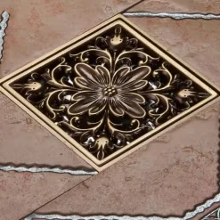 10cm Brass Bathroom Floor Drain, Art Carved Flower Pattern Square Shower Sink Drain Strainer Cover Grate Drain with Removable Cover for Hotel Home