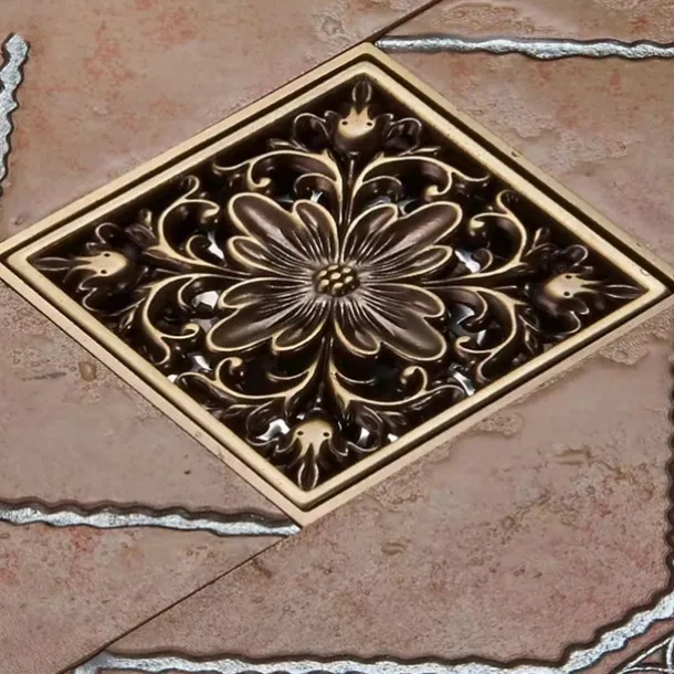 10cm Brass Bathroom Floor Drain, Art Carved Flower Pattern Square Shower Sink Drain Strainer Cover Grate Drain with Removable Cover for Hotel Home