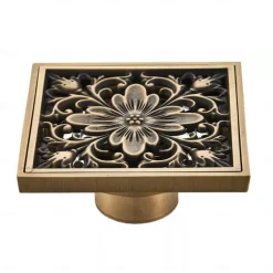 10cm Brass Bathroom Floor Drain, Art Carved Flower Pattern Square Shower Sink Drain Strainer Cover Grate Drain with Removable Cover for Hotel Home