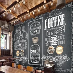 Coffee Cafe Mural Wallpaper Wall Sticker Covering Print Peel and Stick Self Adhesive Removable for Coffee Cafe Blackboard Canvas Home Décor Multiple Size