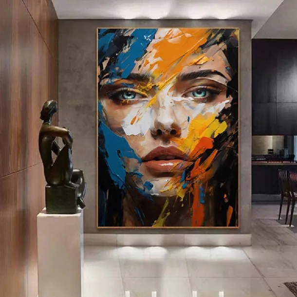 Colorful abstract facial oil painting handmade textured face of girl painting figurative wall art pattle knife girl Oil painting wall decorative painting room art