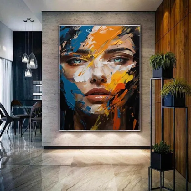 Colorful abstract facial oil painting handmade textured face of girl painting figurative wall art pattle knife girl Oil painting wall decorative painting room art