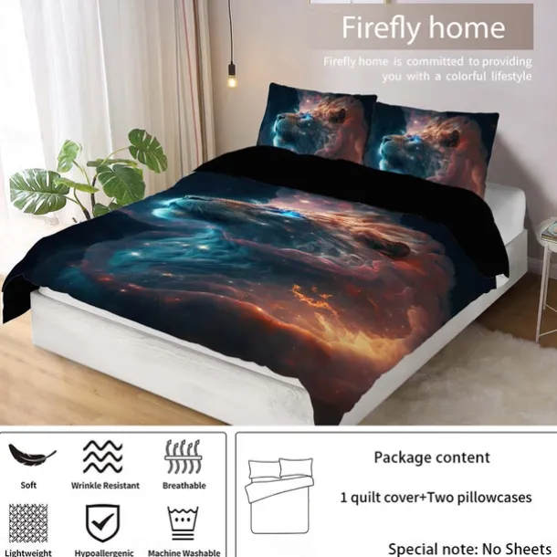 Colorful Neon Lion Head 3-Piece Down Duvet Cover Set for Hotel Bedroom Guest Rooms Bdding Comfort Set