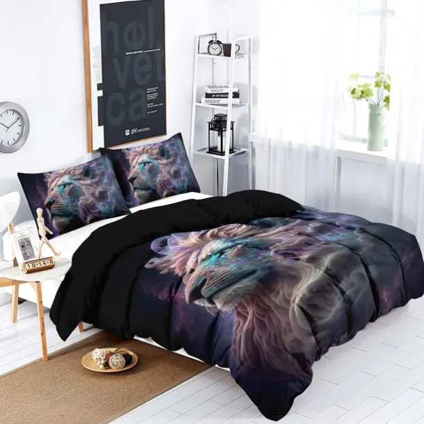 Colorful Neon Lion Head 3-Piece Down Duvet Cover Set for Hotel Bedroom Guest Rooms Bdding Comfort Set