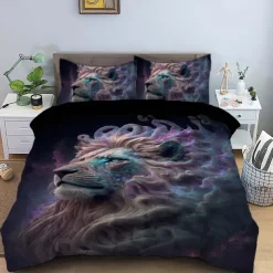 Colorful Neon Lion Head 3-Piece Down Duvet Cover Set for Hotel Bedroom Guest Rooms Bdding Comfort Set
