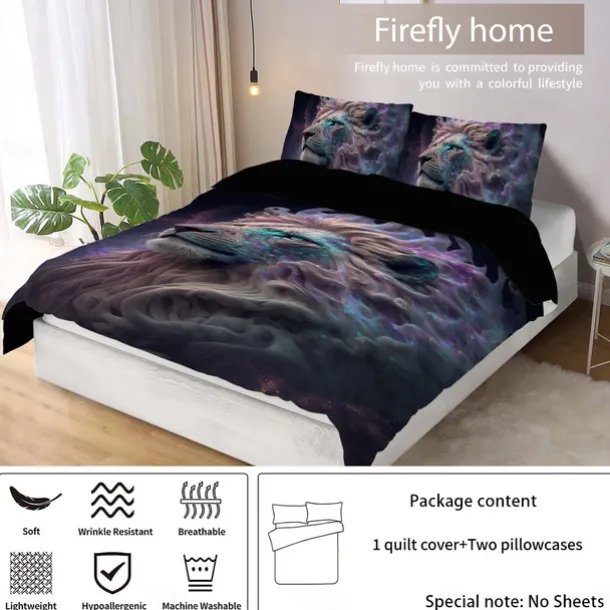 Colorful Neon Lion Head 3-Piece Down Duvet Cover Set for Hotel Bedroom Guest Rooms Bdding Comfort Set